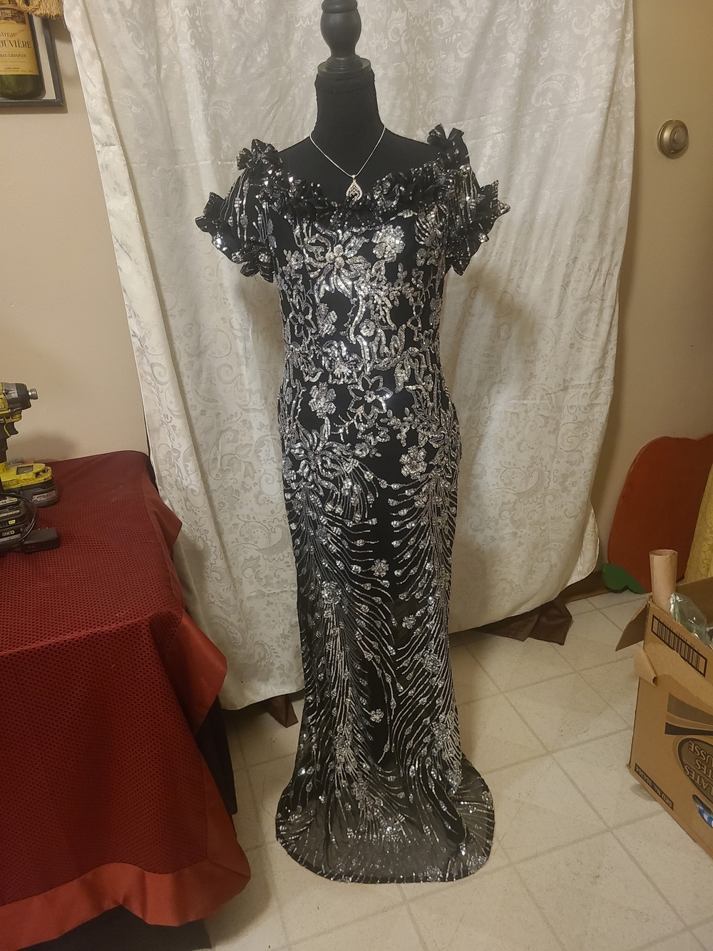 Alex Evenings Black Maxi Gown with Silver Sequin Floral Embroidery